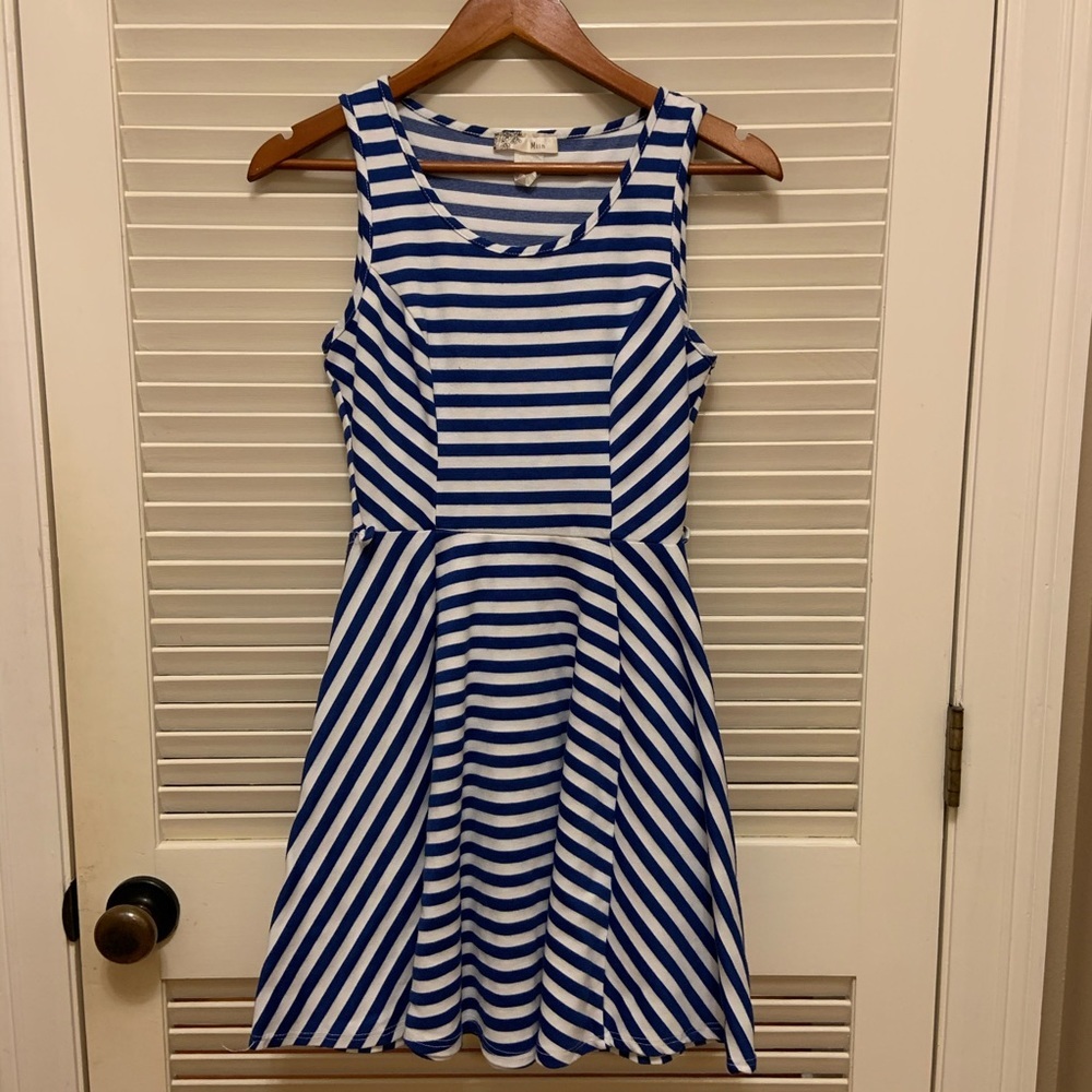 64. Miin Blue and Cream Sleeveless Striped Dress.